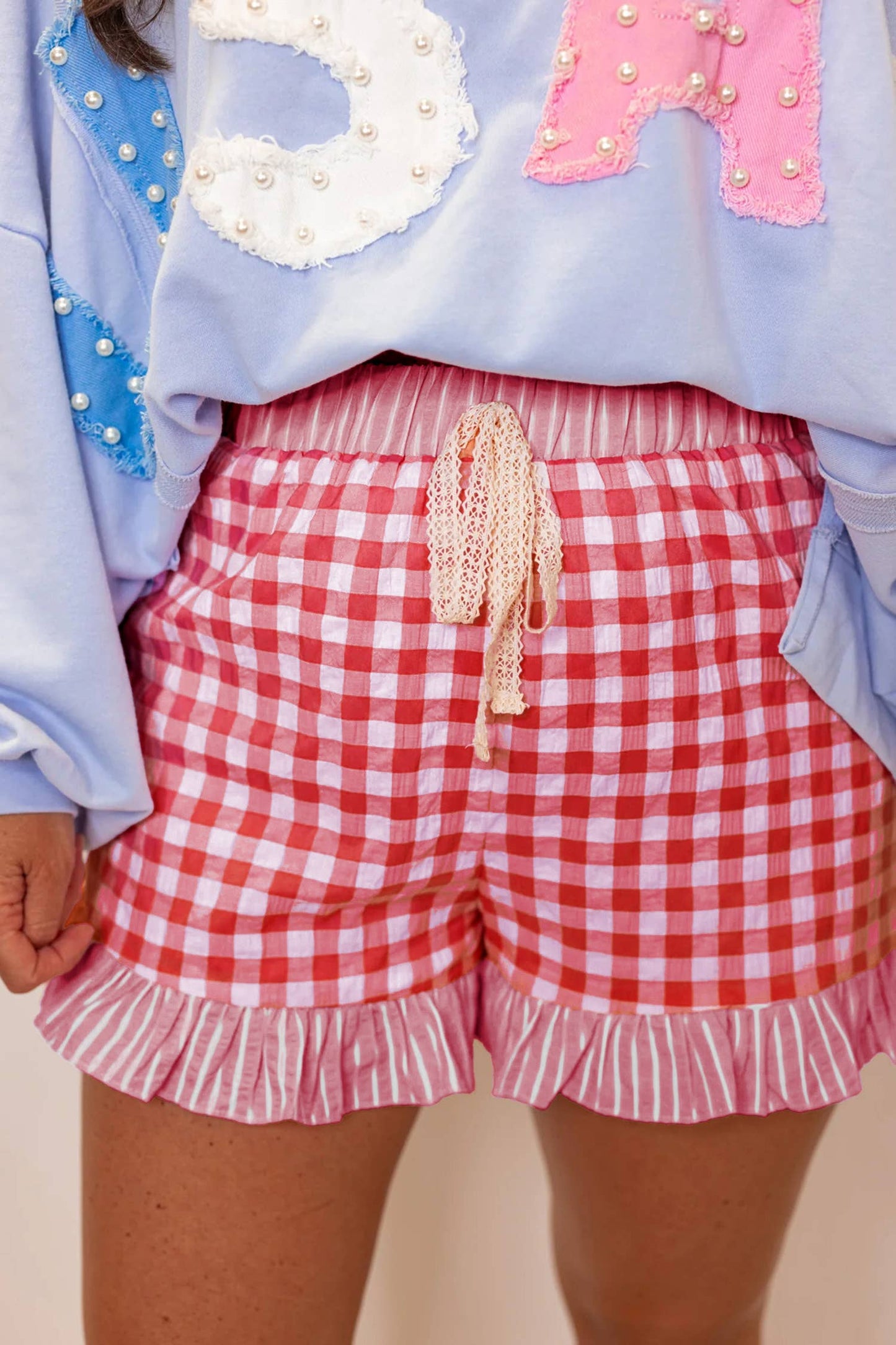 Floral Striped Ruffle Hem Lace Tie Shorts (PRE🤍ORDER)
