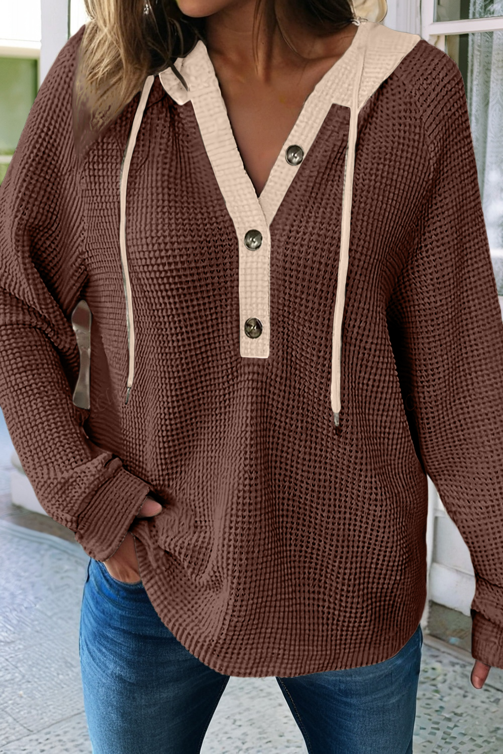 Waffle Contrast Half Buttoned Hooded Pullover Top