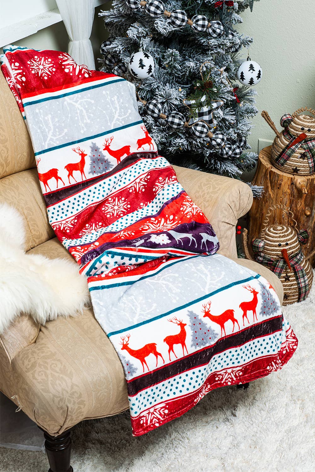 Christmas Elk Print Reversible Sherpa Fleece Blanket