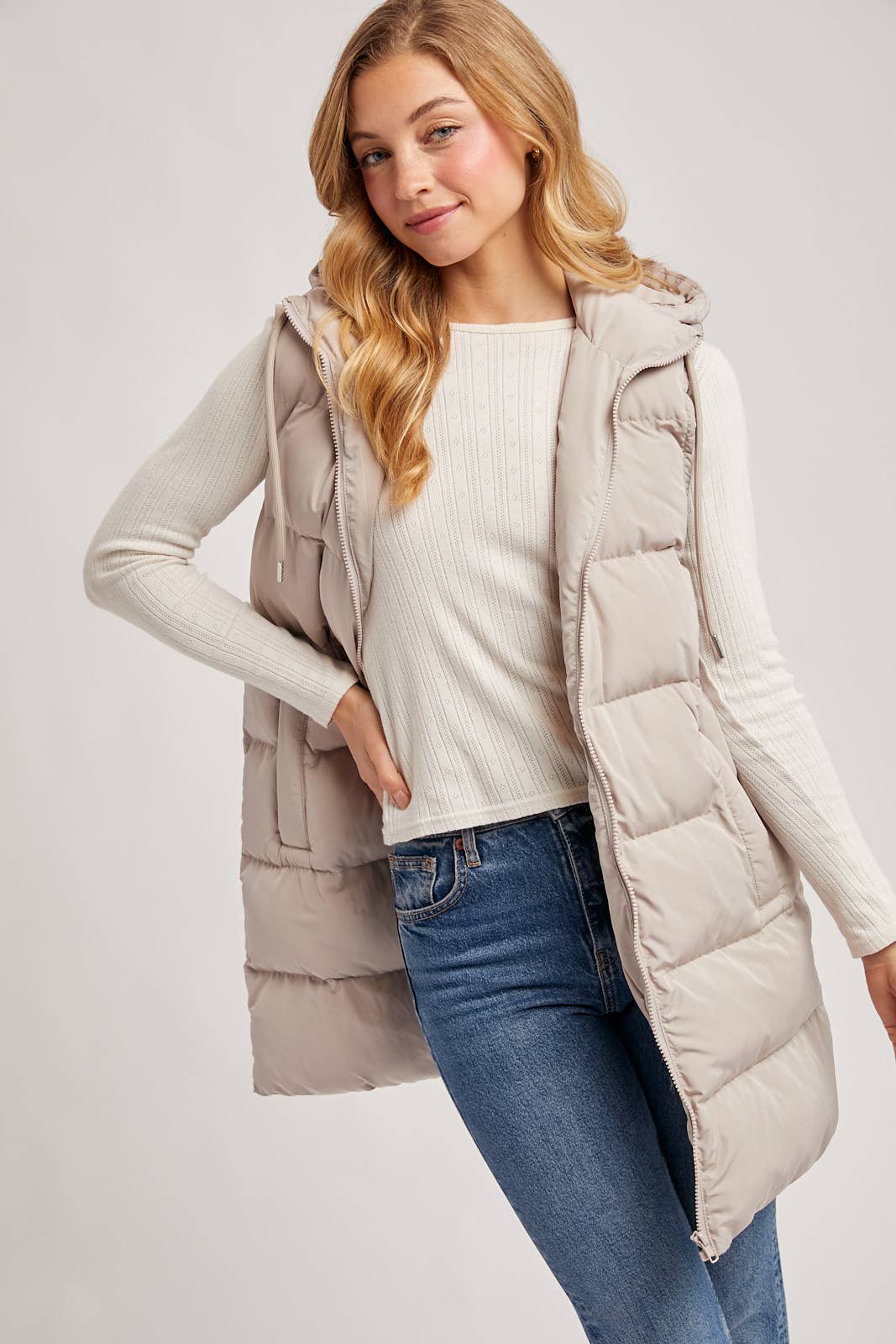 HOODED ZIPPER DOWN LONGLINE PUFFER VEST