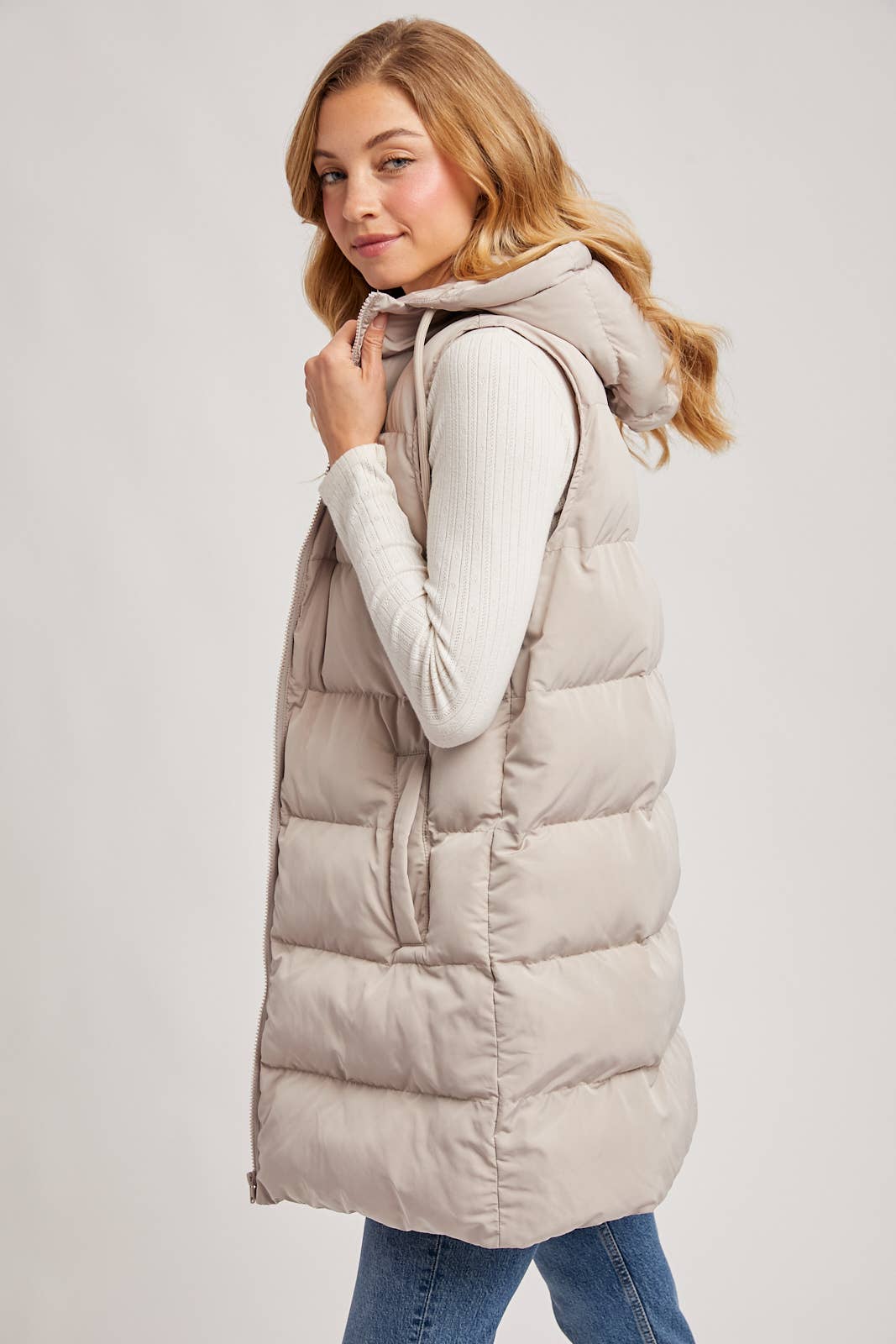 HOODED ZIPPER DOWN LONGLINE PUFFER VEST