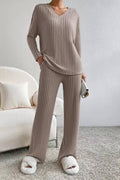 Solid Color 2pcs V Neck Rib Long Sleeves Top With Pants