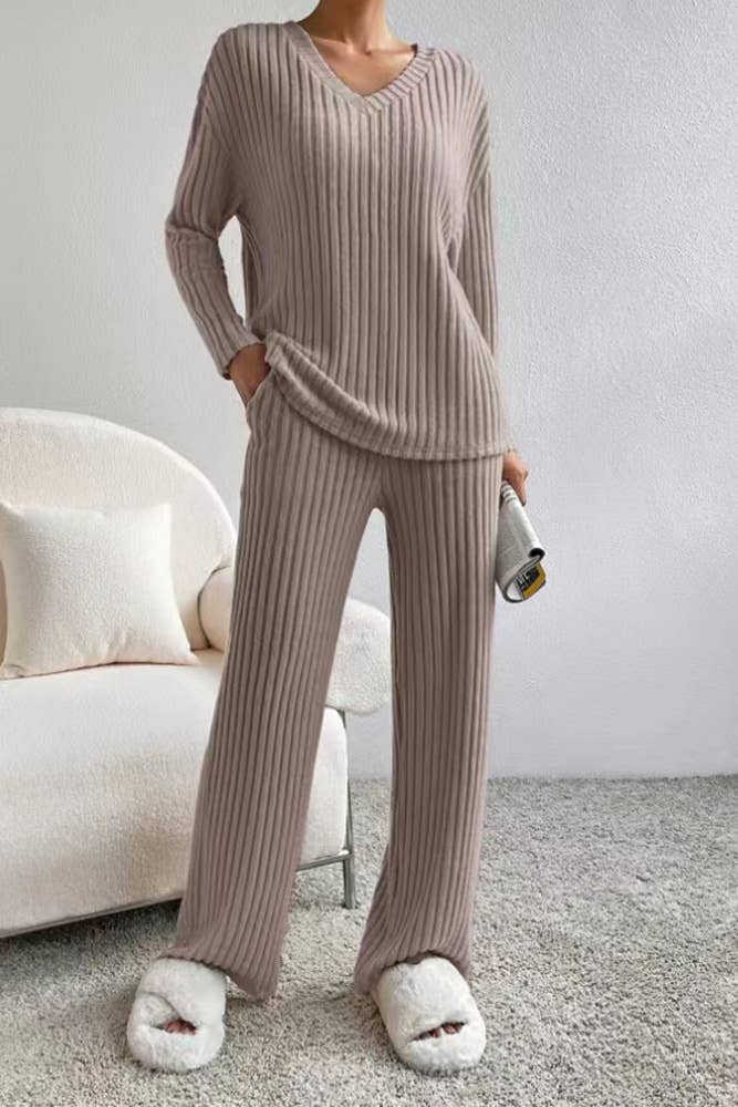 Solid Color 2pcs V Neck Rib Long Sleeves Top With Pants