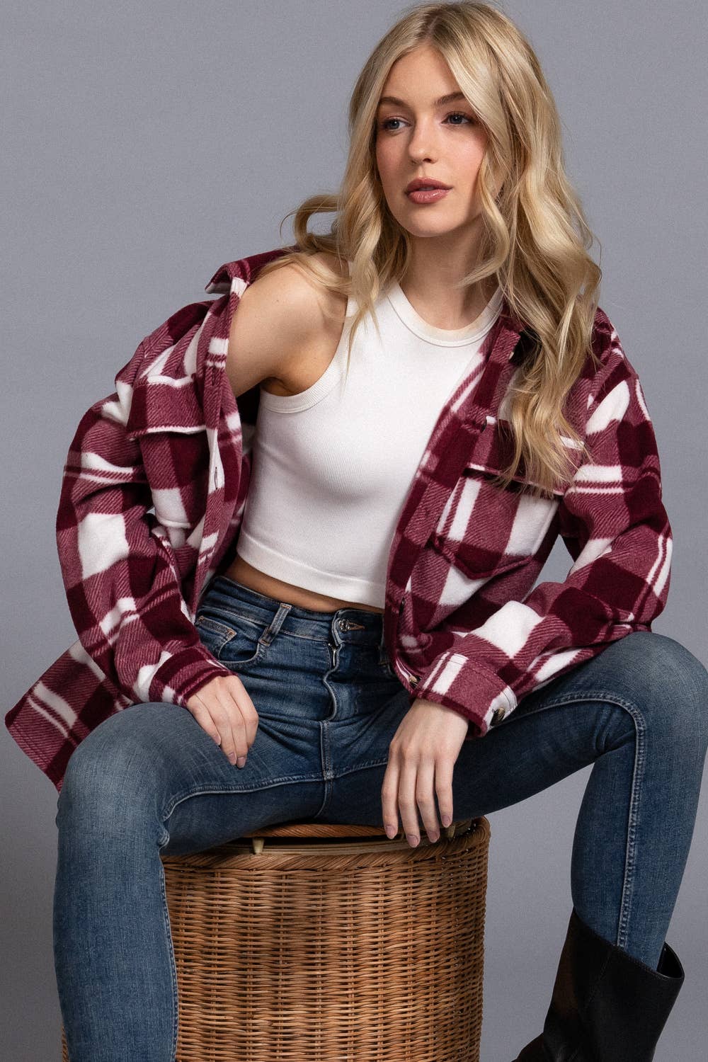 Long Sleeve Check Printed Fleece Shacket (PRE🤍ORDER)
