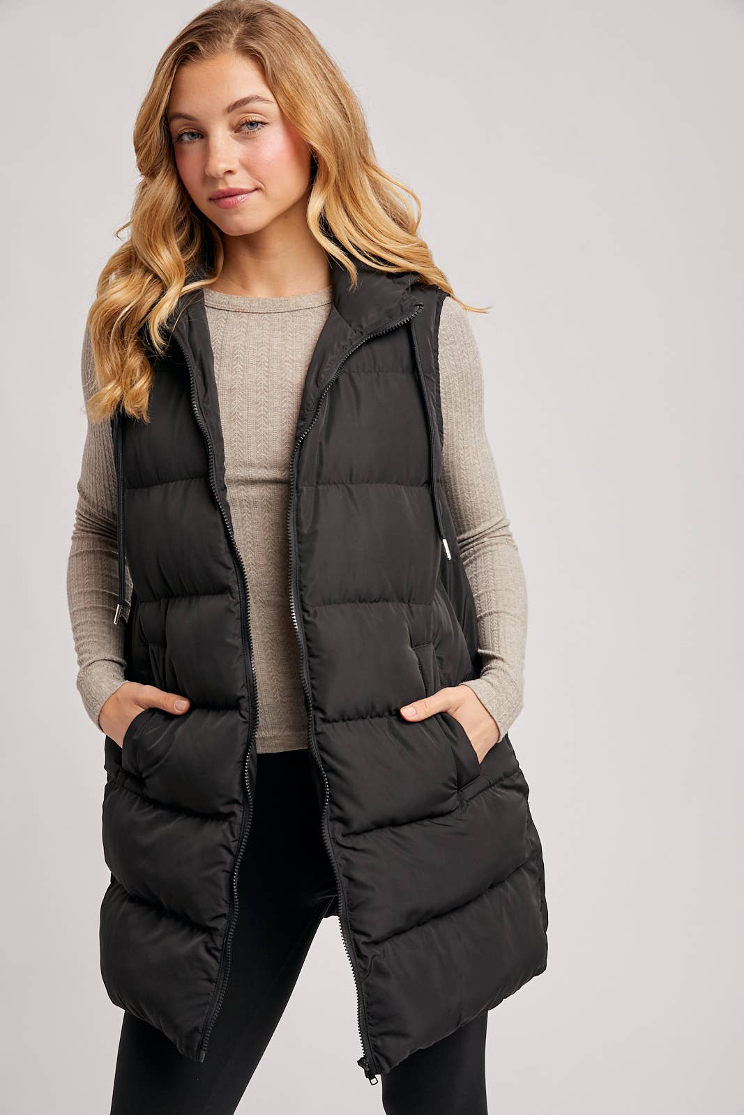 HOODED ZIPPER DOWN LONGLINE PUFFER VEST
