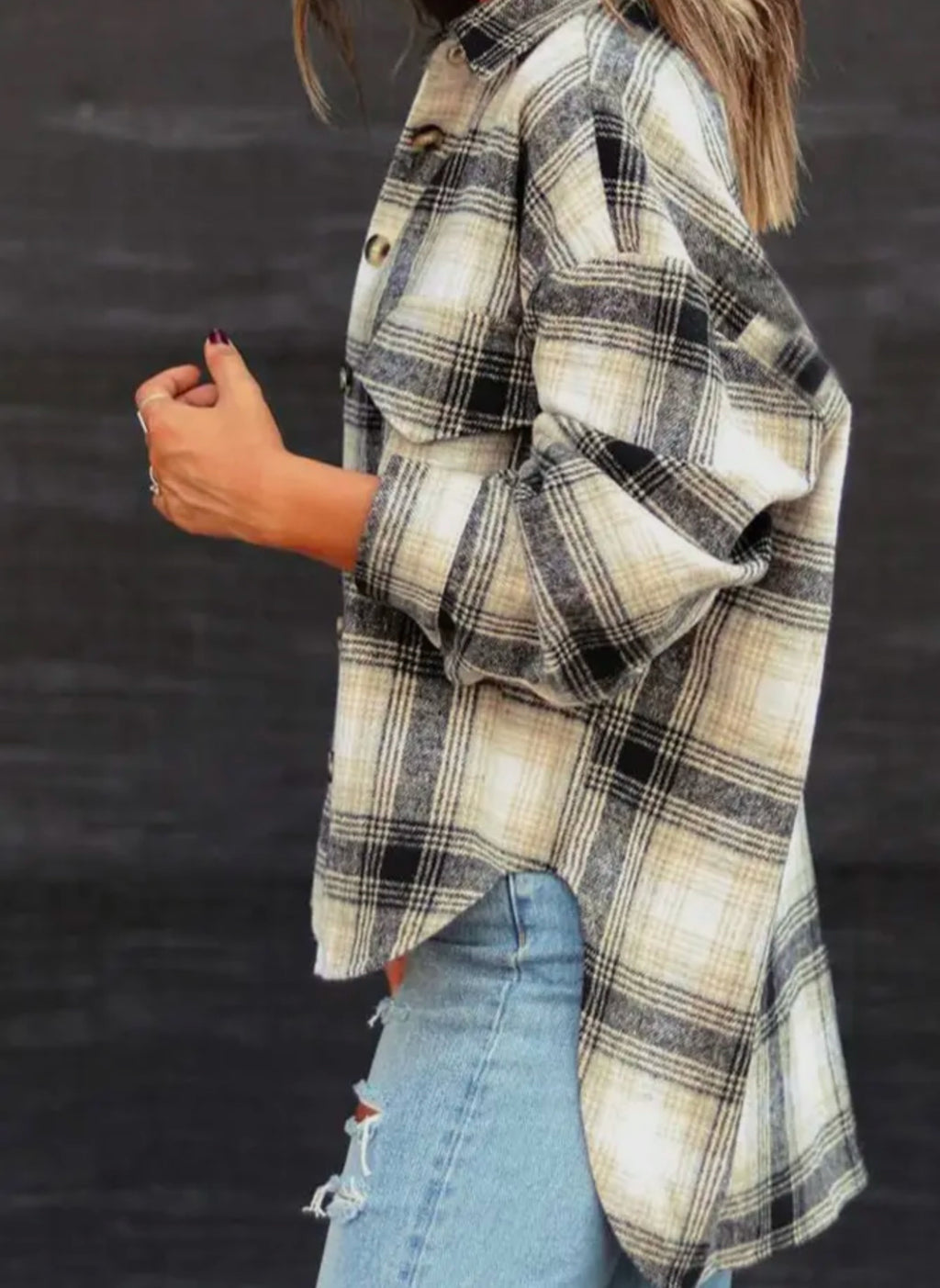 White Open Button Pockets Plaid Shacket