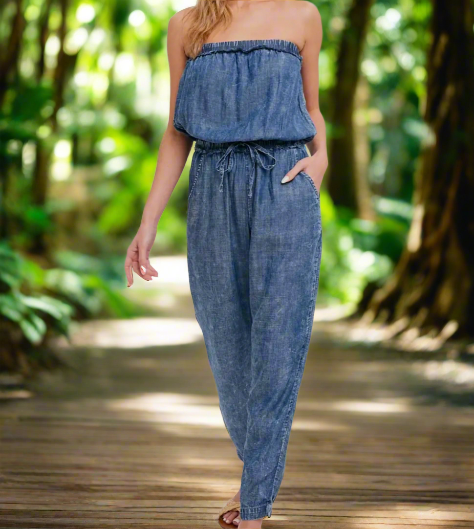 Denim Washed Tube Jumpsuit