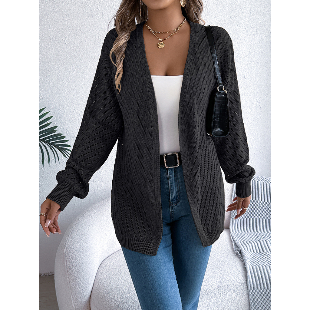 Casual Solid Color Hollow Long Sleeve Knit Cardigan