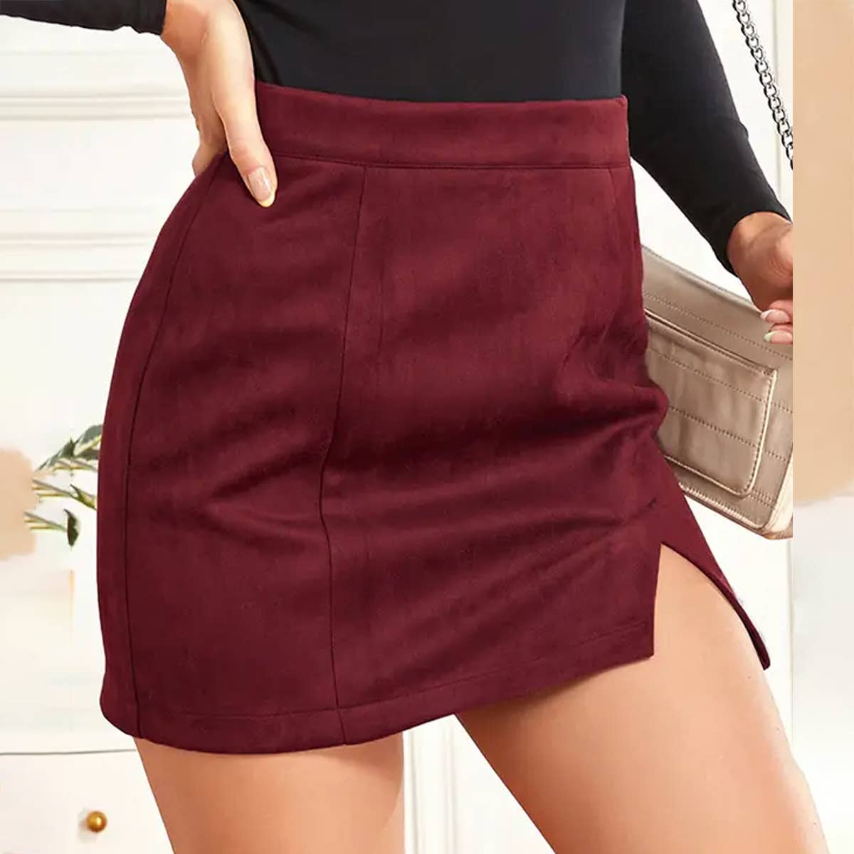 Suede wrap hip high waist zipper A-line skirt