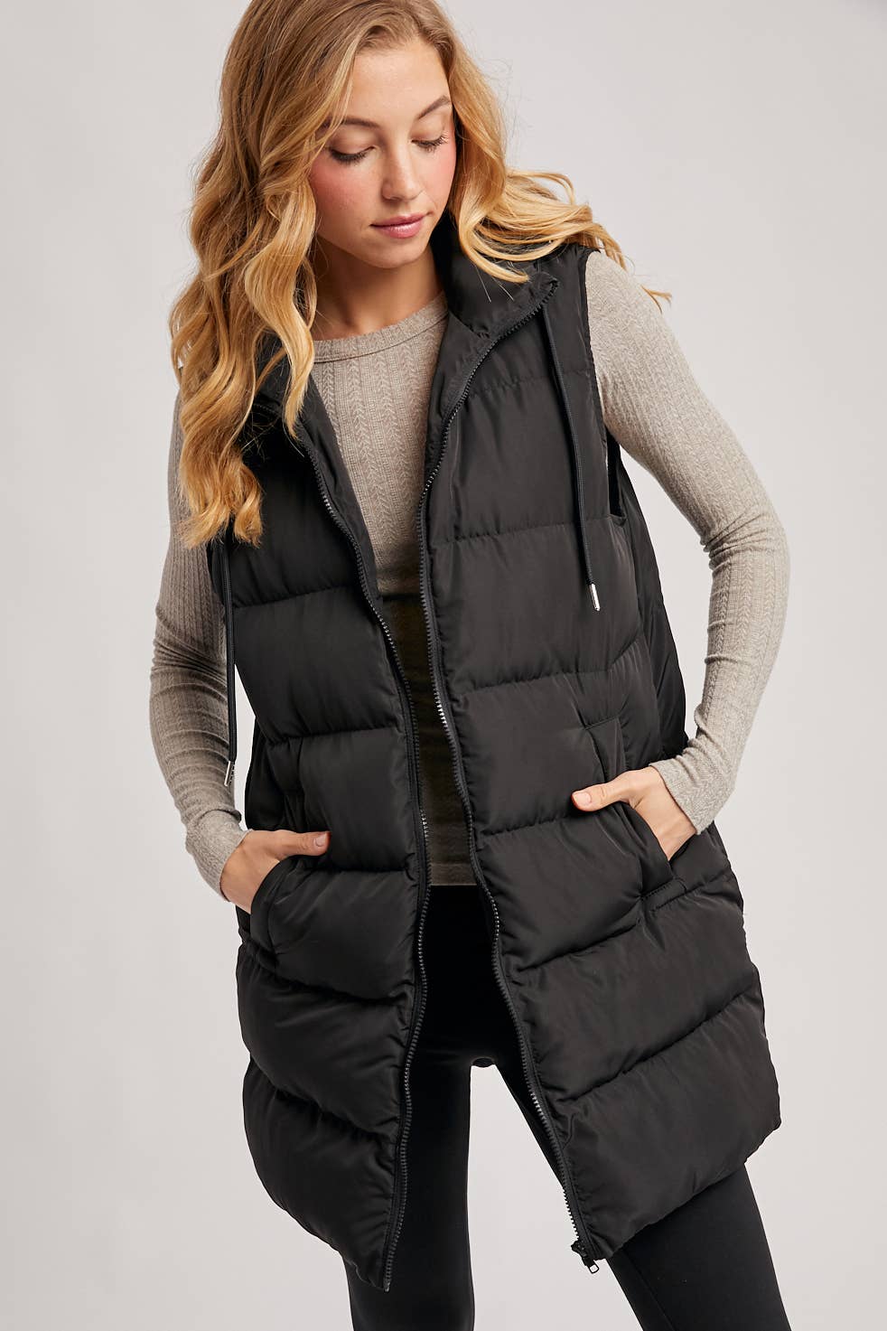 HOODED ZIPPER DOWN LONGLINE PUFFER VEST