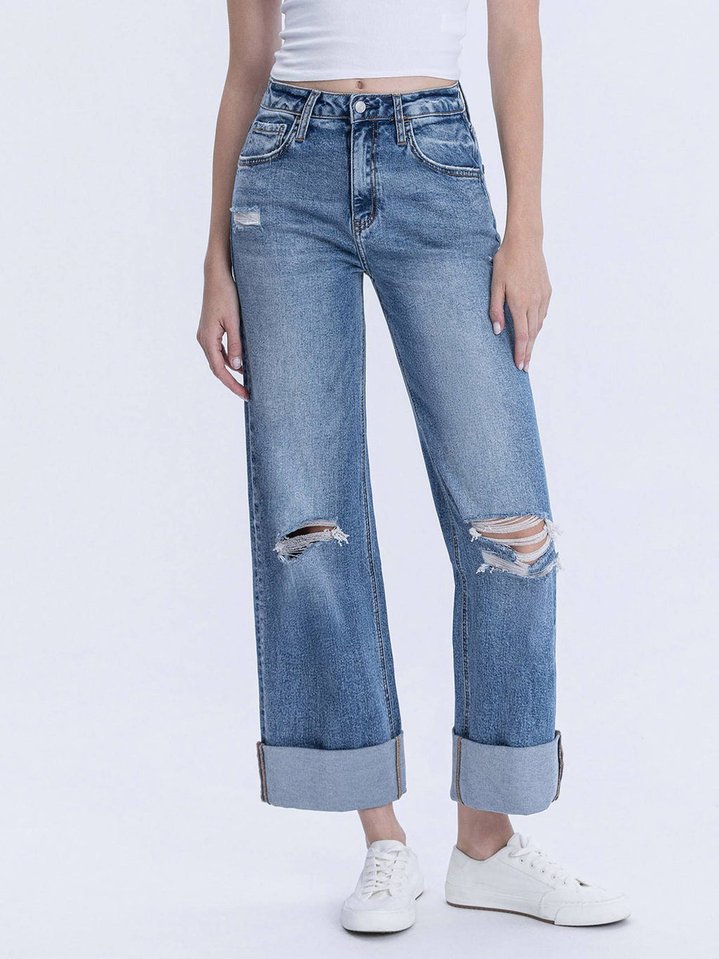SUPER HIGH RISE DOUBLE CUFFED BAGGY WIDE JEANS