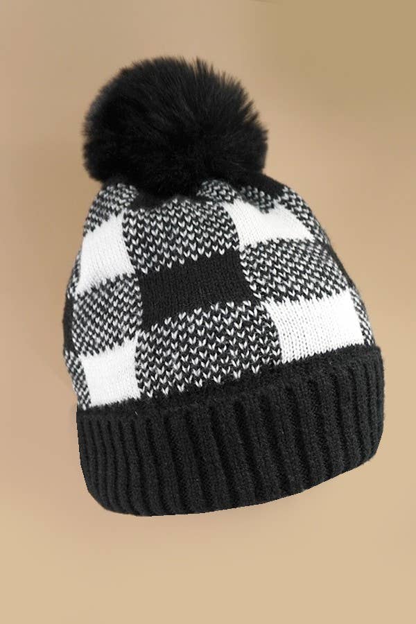CHECKER FAUX FUR POM POM BEANIE