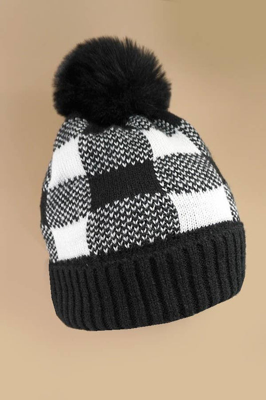 CHECKER FAUX FUR POM POM BEANIE