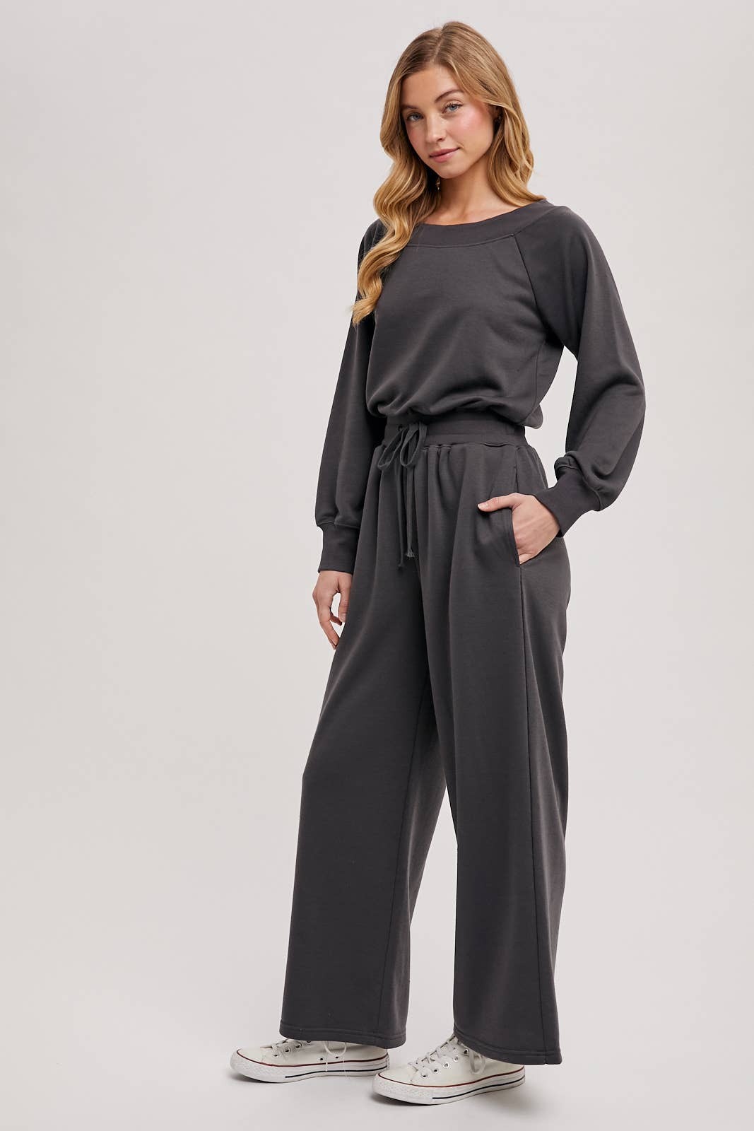 WIDE NECK OFF THE SHOULDER KNIT JUMPSUIT