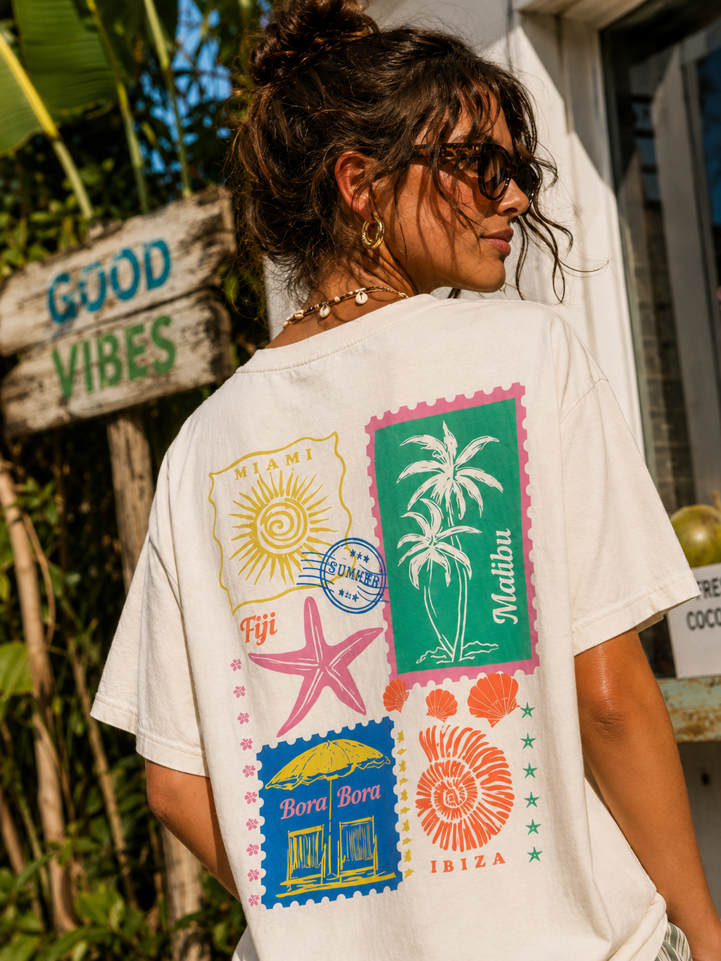 Tropical Stamps Front and Back Cream T-Shirt (PRE🤍ORDER)