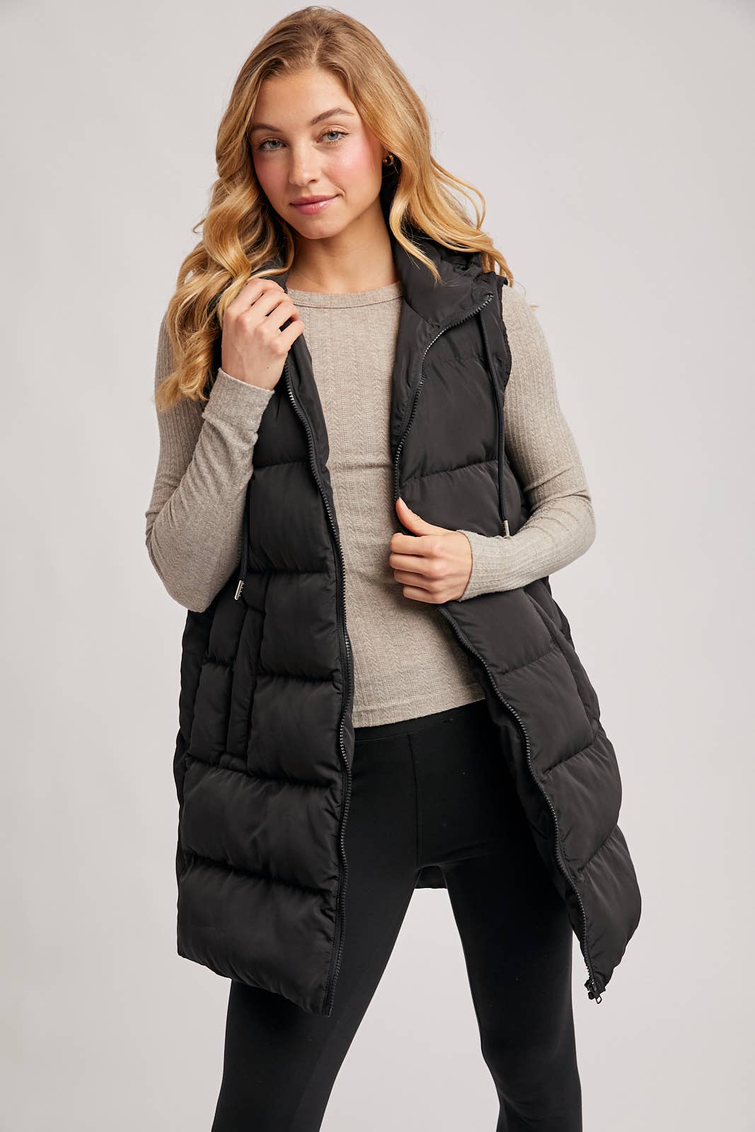 HOODED ZIPPER DOWN LONGLINE PUFFER VEST