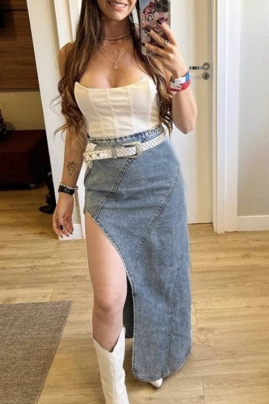 High slit denim skirt