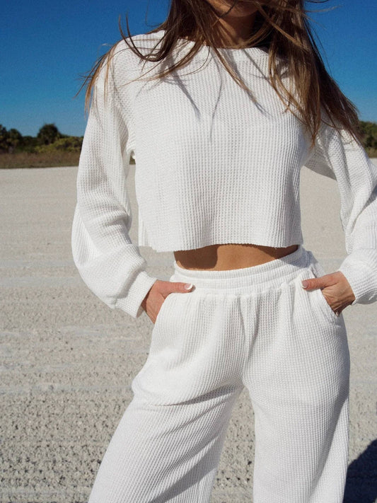 2piece Waffle Long Sleeve Crop Top & Wide Leg Pant Set