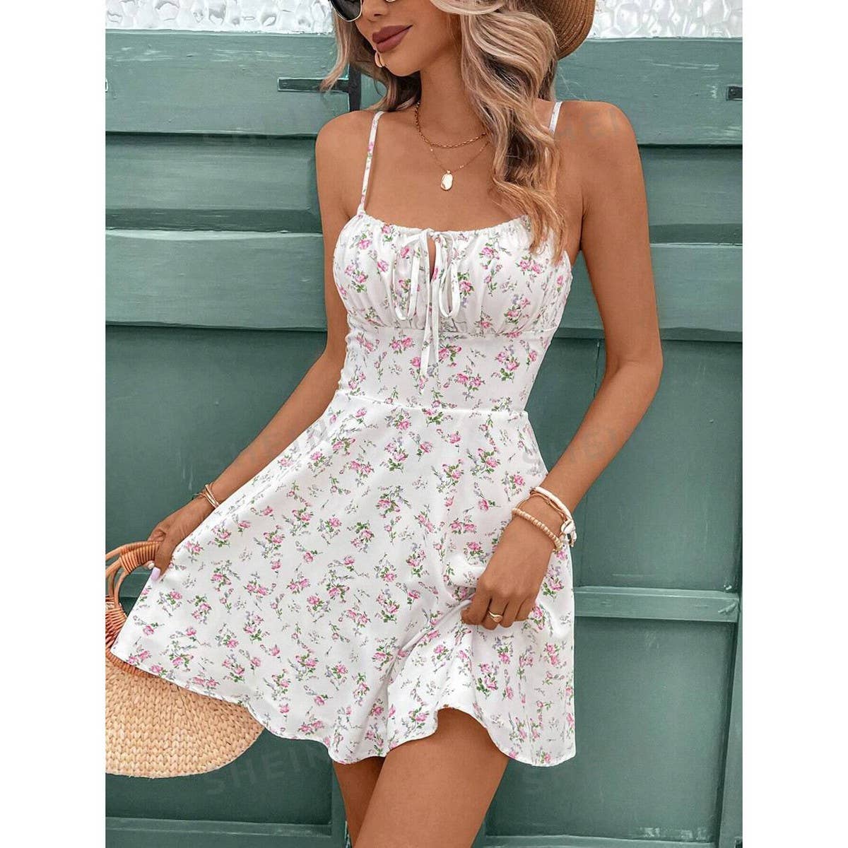 French floral print spaghetti strap country dress