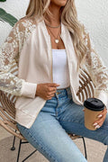 LACE PANEL LONG SLEEVE BASEBALL COLLAR JACKET TOP