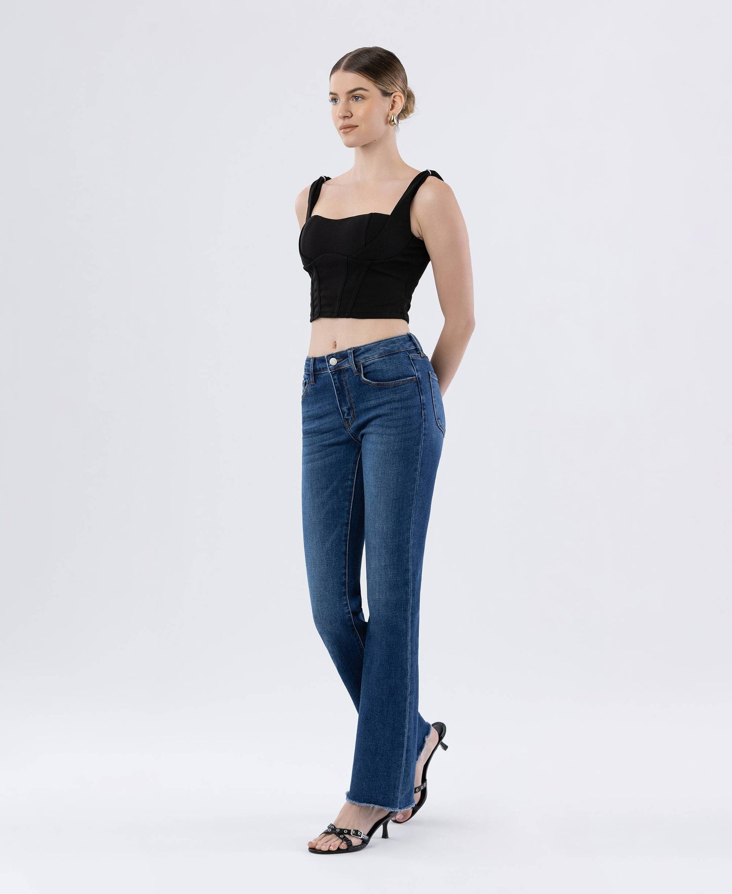 MID RISE RAW HEM DARK WASH BOOTCUT JEANS