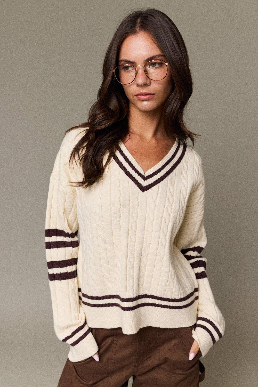 Cable Knit V-Neck Varsity Sweater (PRE🤍ORDER)