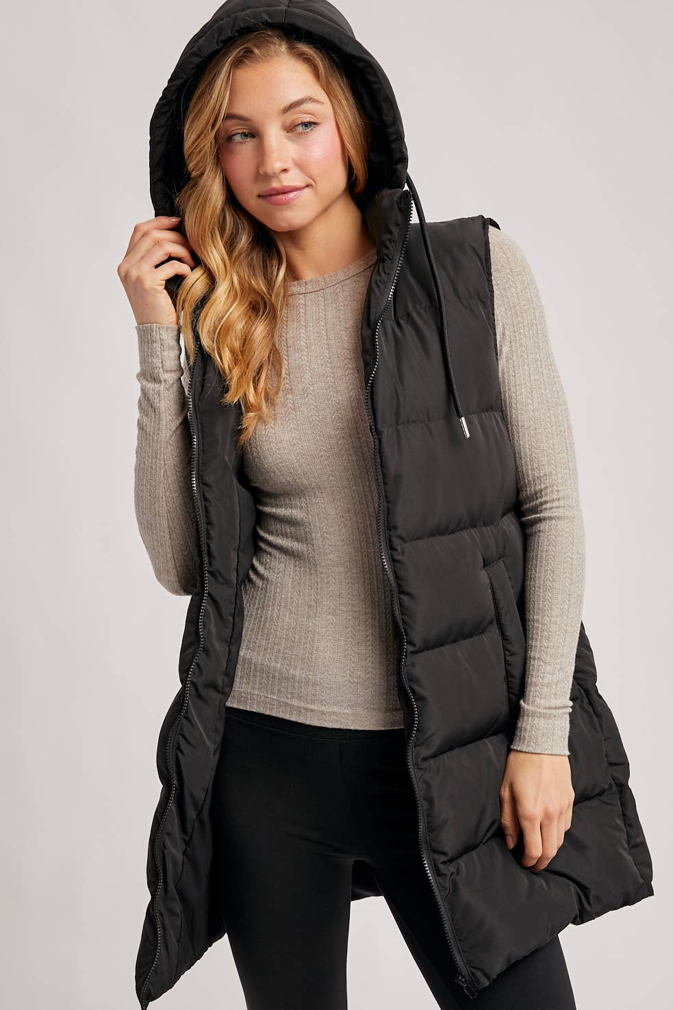 HOODED ZIPPER DOWN LONGLINE PUFFER VEST