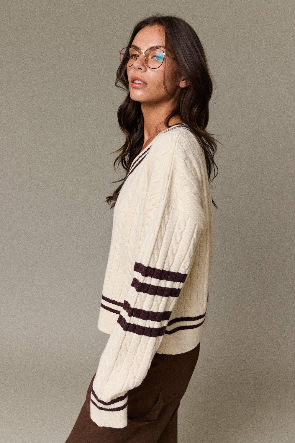 Cable Knit V-Neck Varsity Sweater (PRE🤍ORDER)