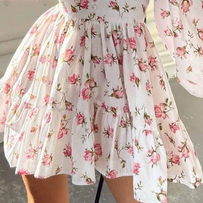 V-Neck Lace Floral Print Cropped Long-Sleeved Dress