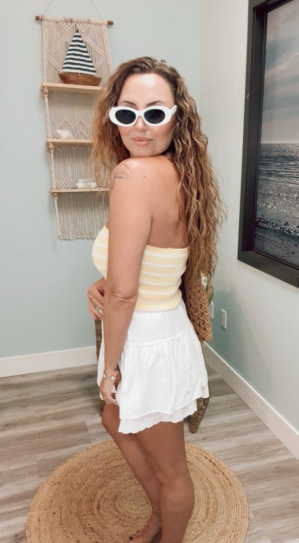 STRIPE STRAPLESS CROPPED SWEATER KNIT TOP