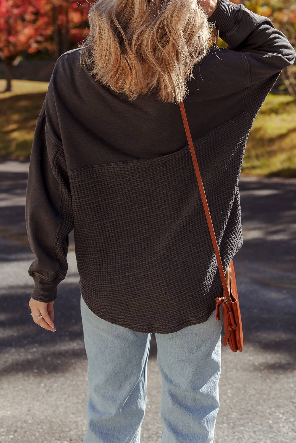 Waffle Knit Patchwork Half Zipped Casual Sweatshirt