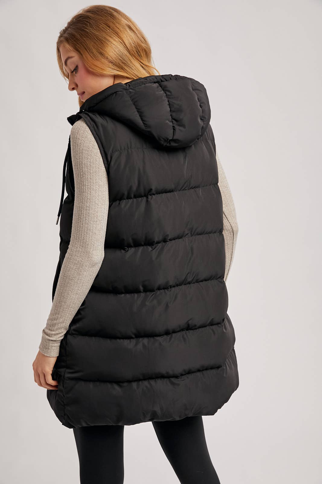 HOODED ZIPPER DOWN LONGLINE PUFFER VEST