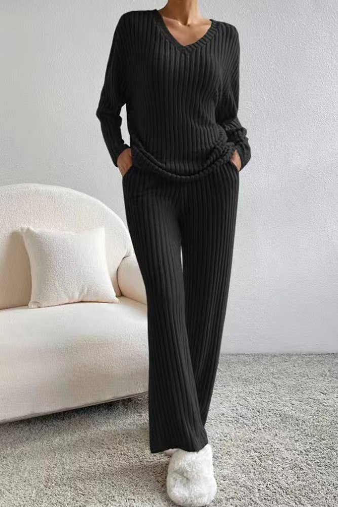 Solid Color 2pcs V Neck Rib Long Sleeves Top With Pants