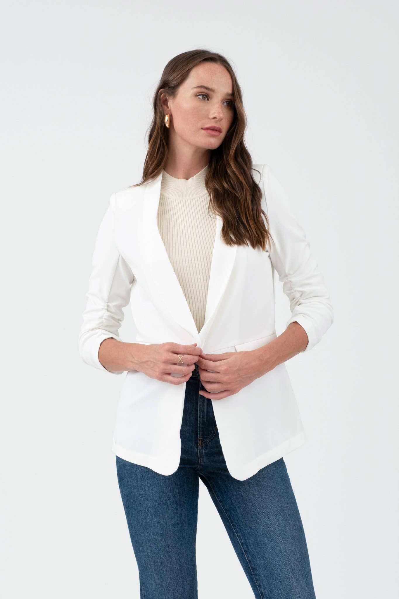 RUCHED 3/4 SLEEVE SLEEVE BLAZER