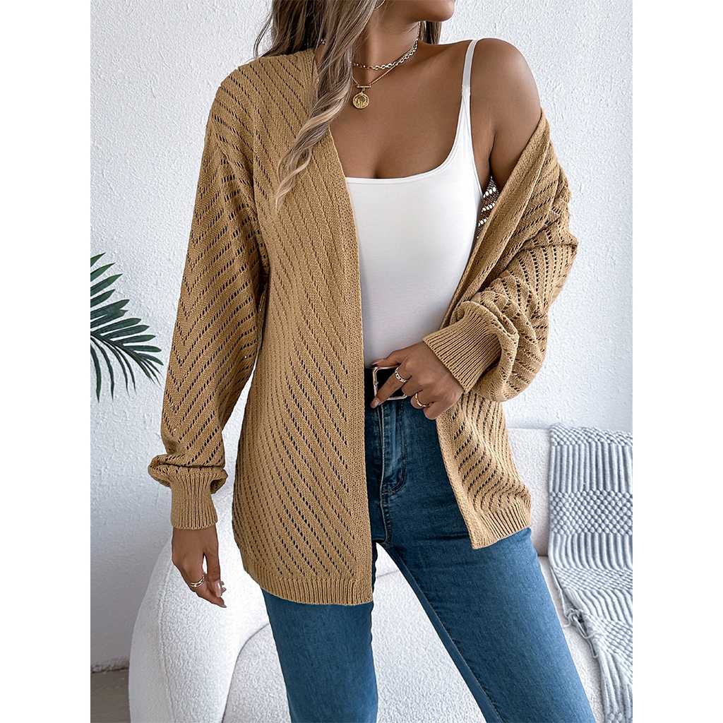 Casual Solid Color Hollow Long Sleeve Knit Cardigan