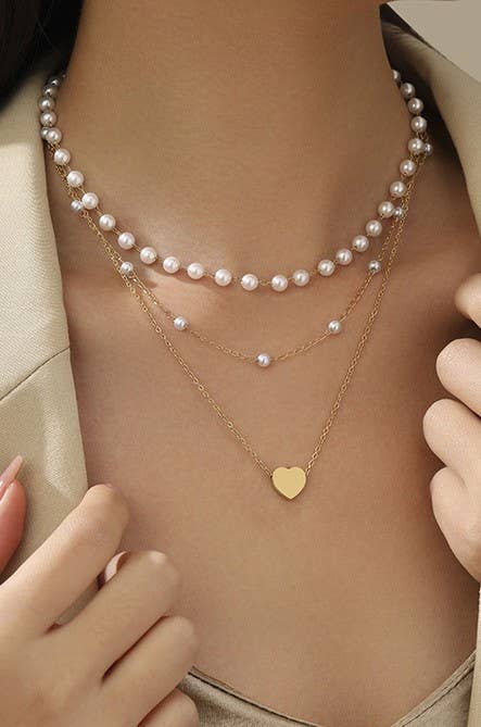 Double Pearl Layered Heart Necklace