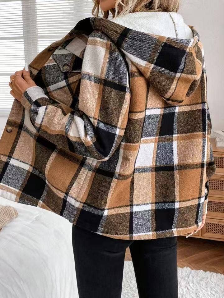 Plaid Fleece Casual Hooded Jacket