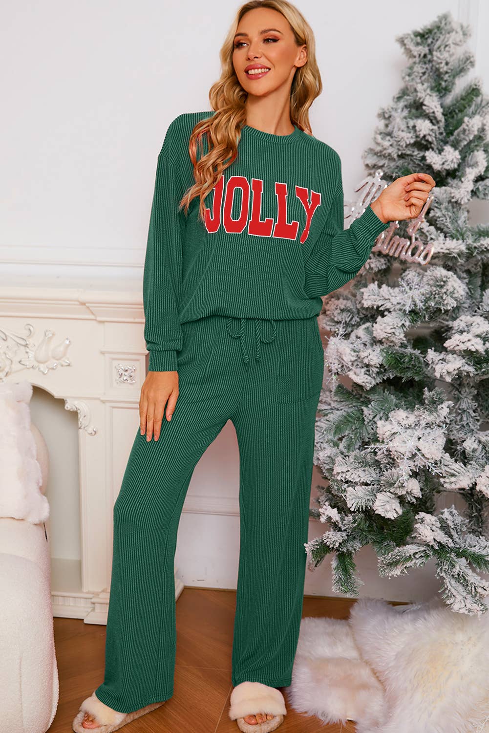 JOLLY & MERRY  Corded Long Sleeve Christmas Graphic Pants Set