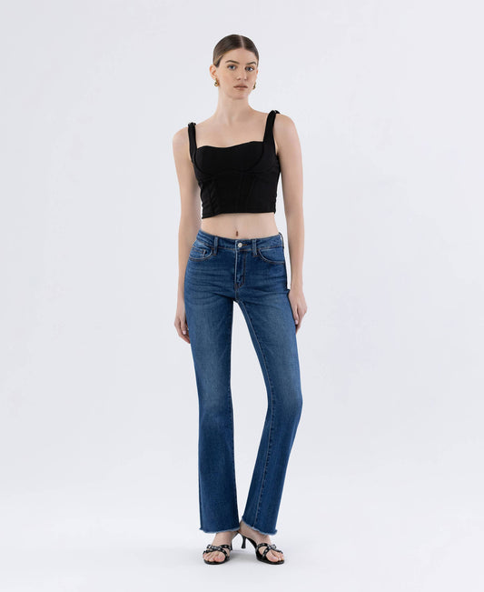 MID RISE RAW HEM DARK WASH BOOTCUT JEANS