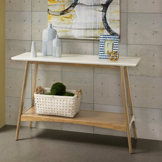 Midcentury Natural Wood Console Table with Bottom Shelf