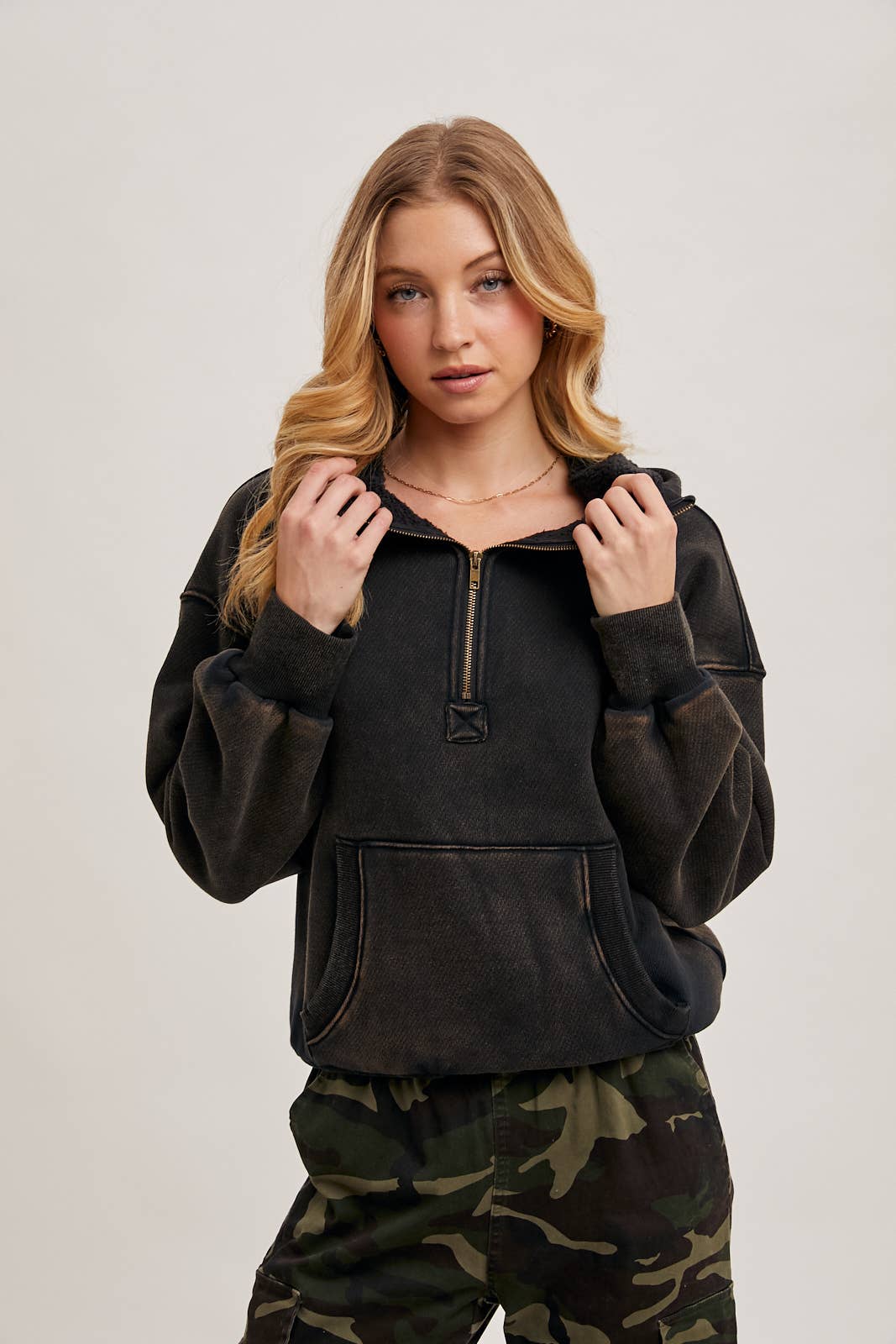 HALF ZIPPER FRONT HOODIE SWEATSHIRT WITH INNER FLEECE