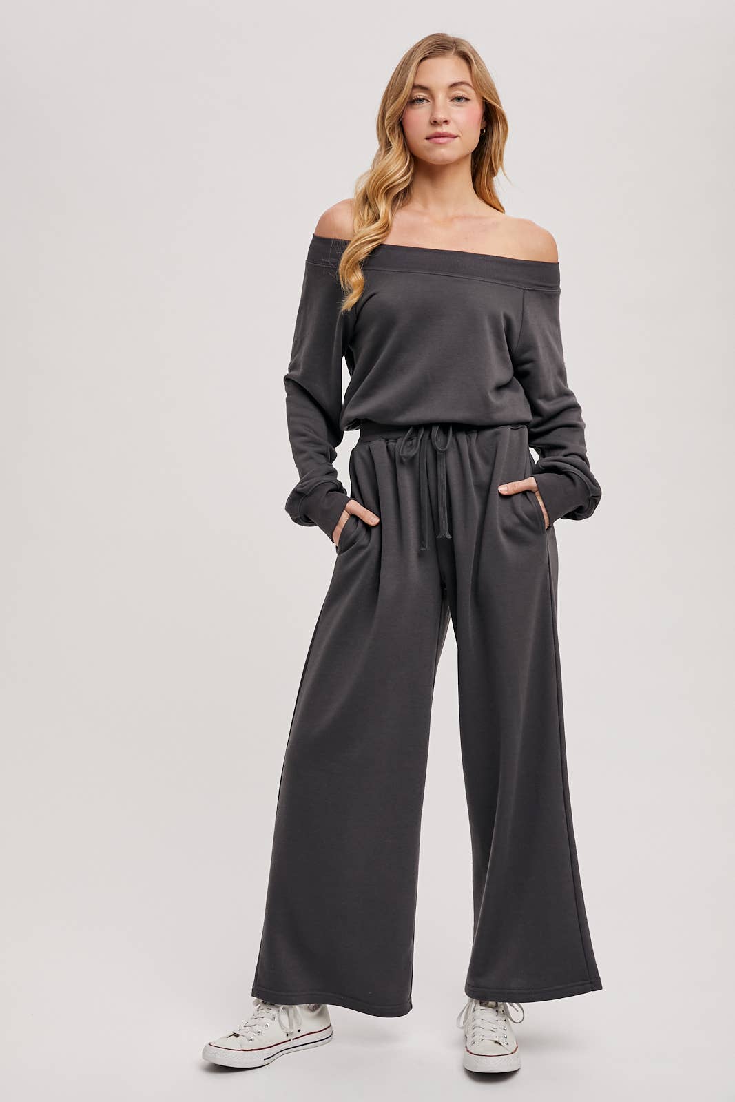 WIDE NECK OFF THE SHOULDER KNIT JUMPSUIT