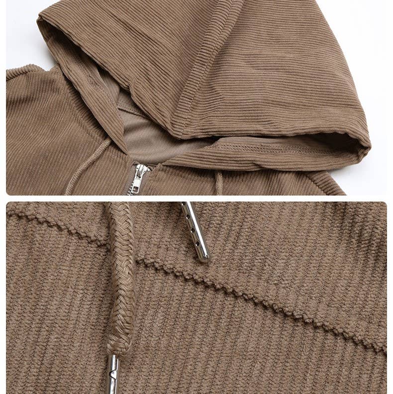 Zippered Hooded Vintage Cropped Corduroy Jacket