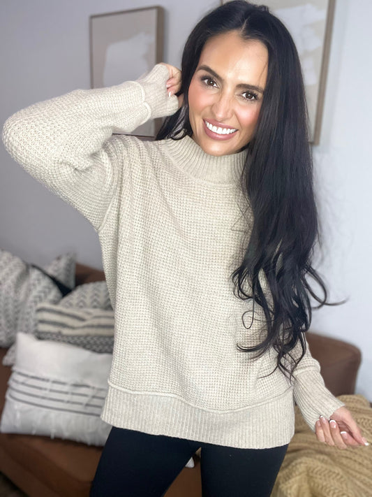 Knit Ribbed High Neck Drop Shoulder Sweater