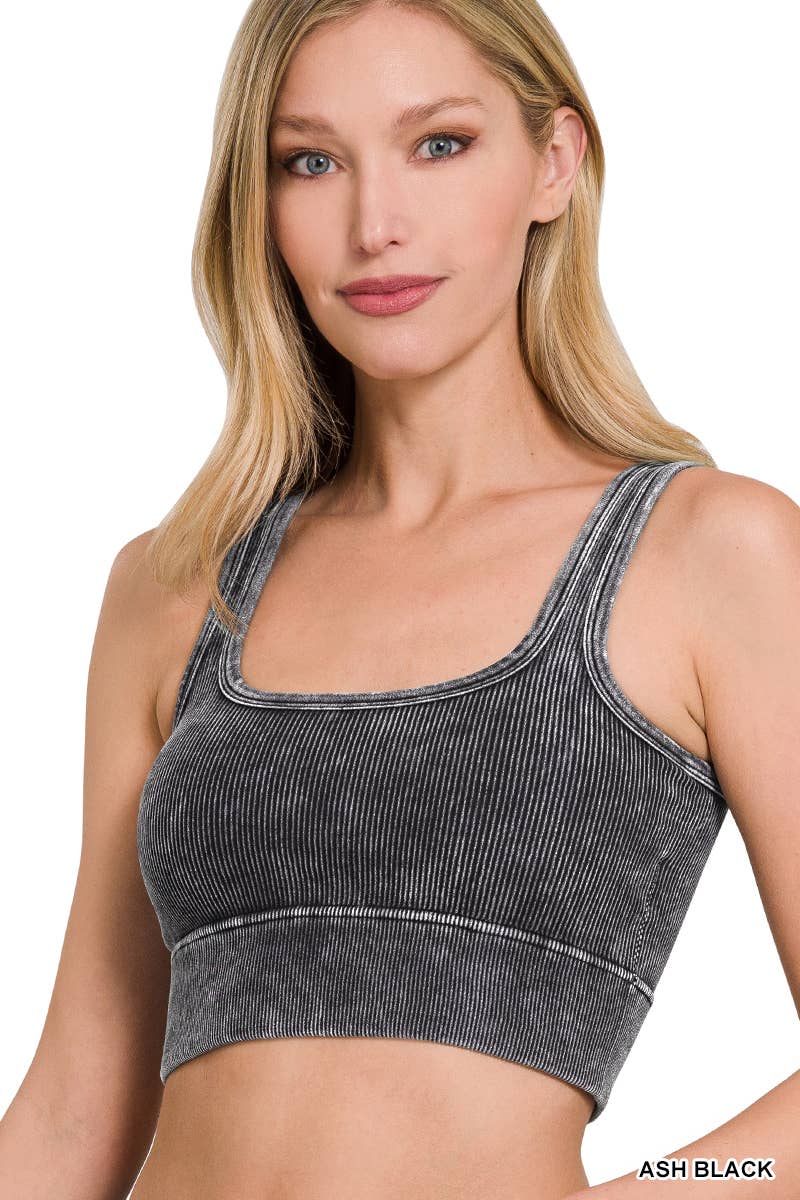 Square neck Washed Seamless Rib Tank Top w/ Bra Pads