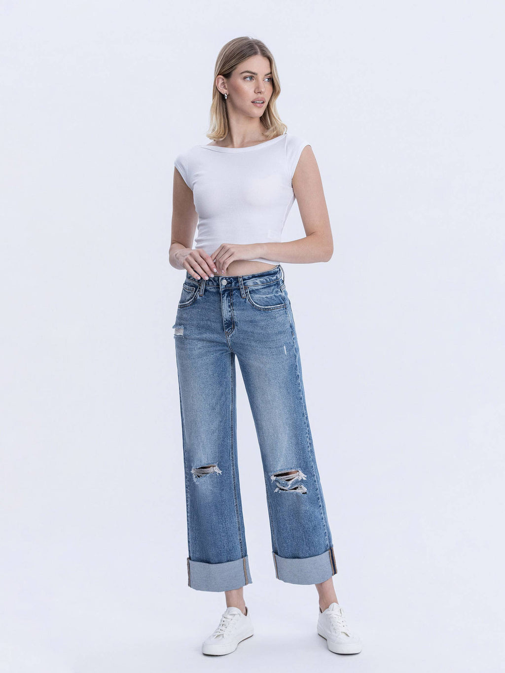 SUPER HIGH RISE DOUBLE CUFFED BAGGY WIDE JEANS