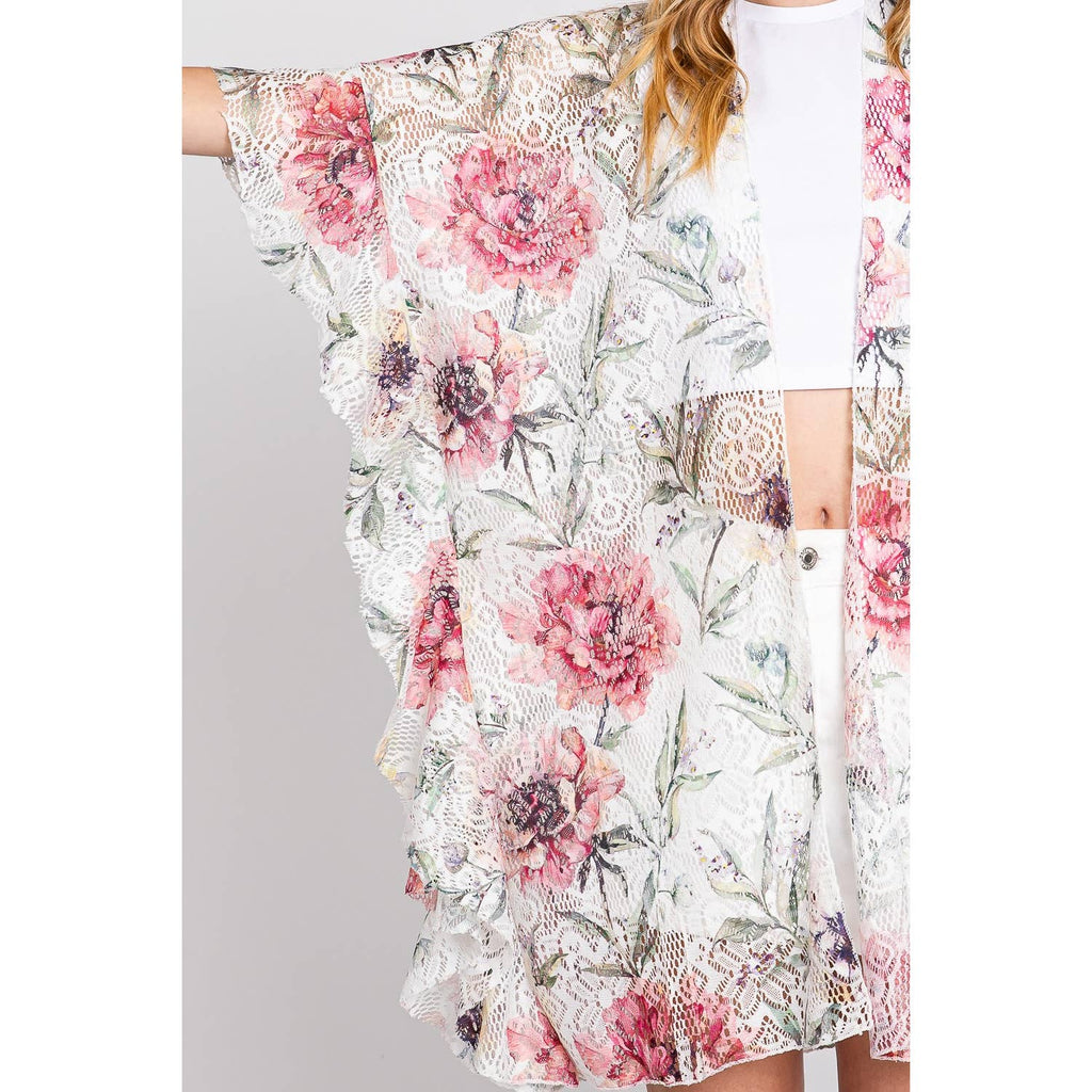 Ruffle Lined Rose Print Open Kimono