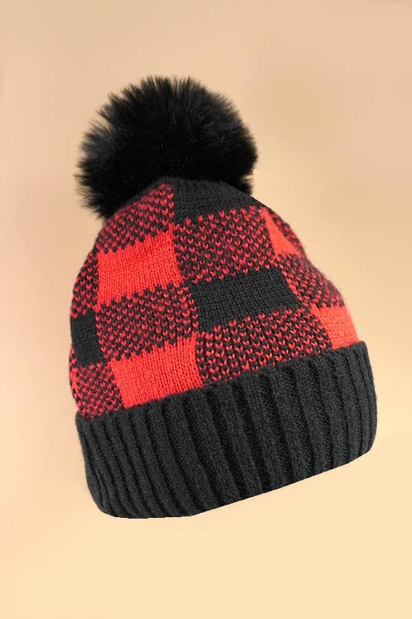 CHECKER FAUX FUR POM POM BEANIE