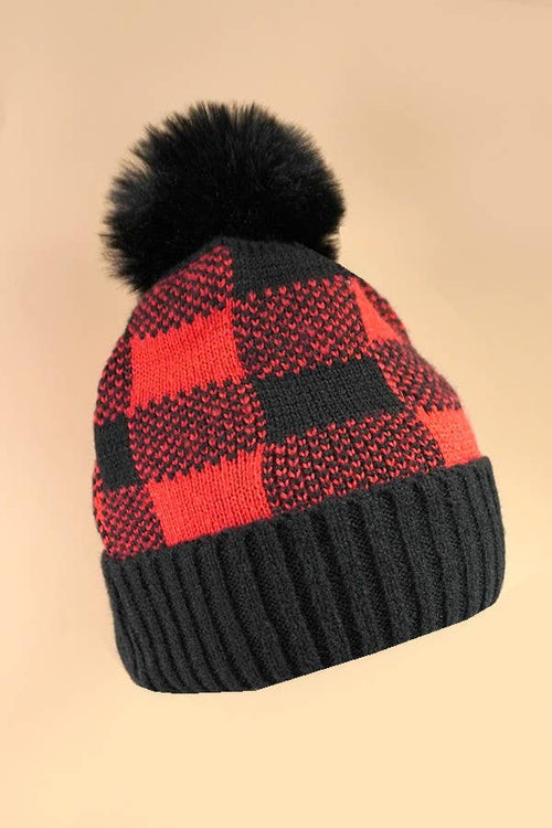 CHECKER FAUX FUR POM POM BEANIE