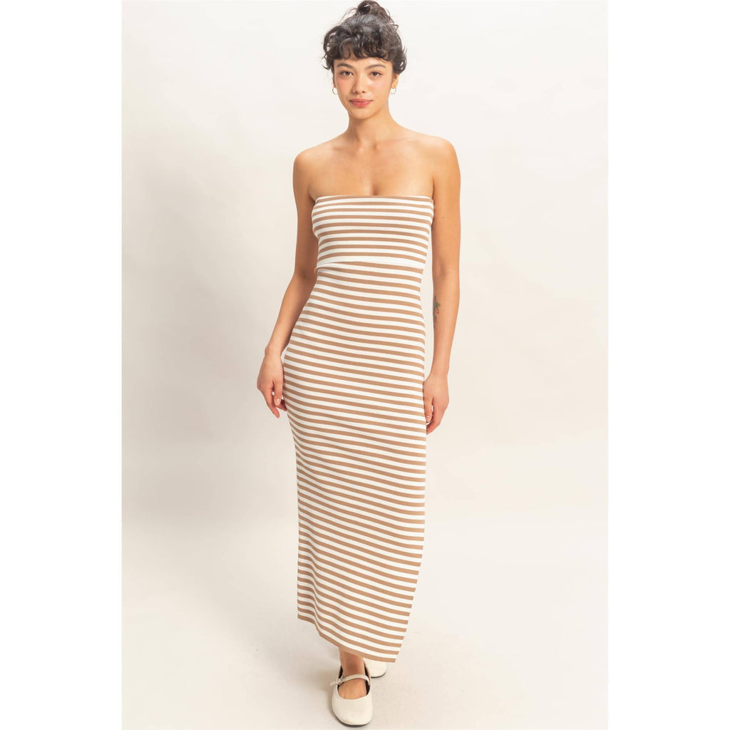 Strapless Striped Bodycon Midi Dress